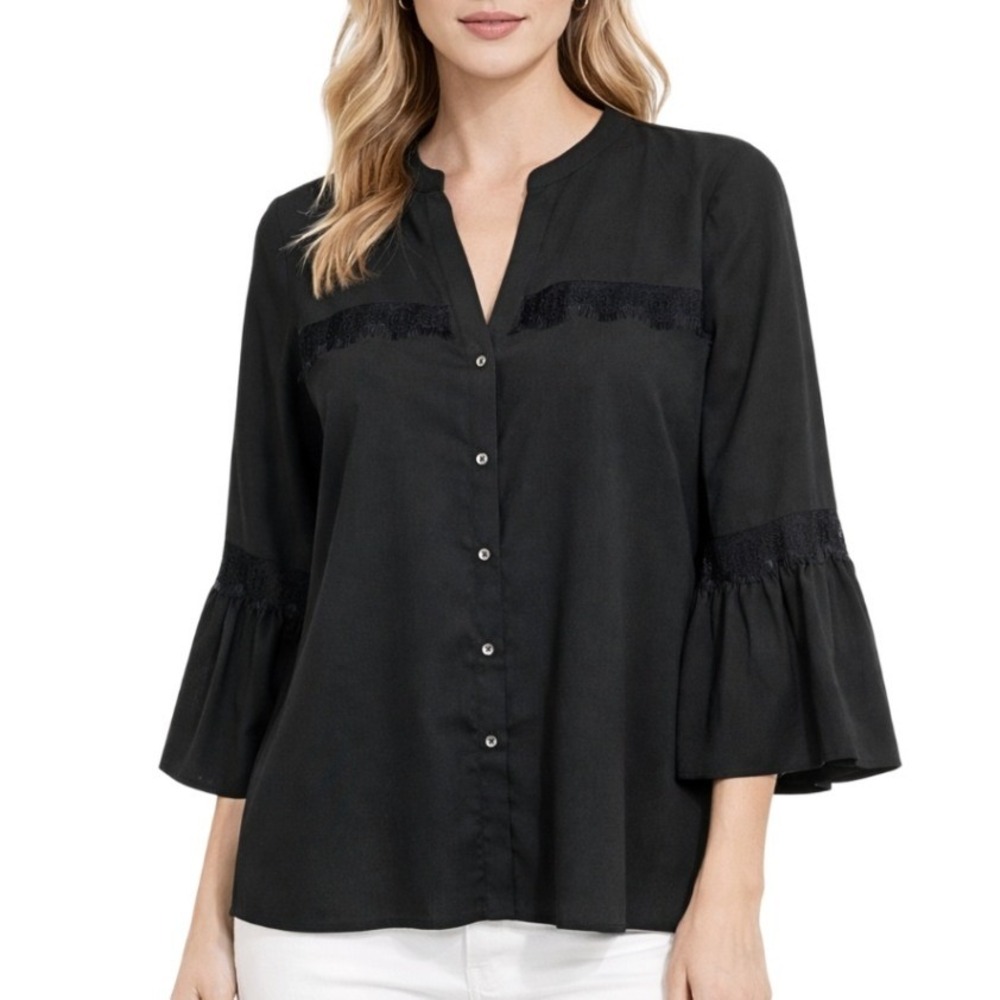 Karl Lagerfeld Paris Womens Black‎ Lace Trim Bell Sleeve Blouse Jet Black Size M